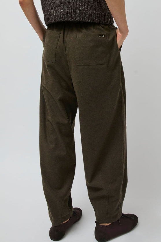 UMARMUNG Wool Flannel Oval Silhouette Pants in Dark Olive