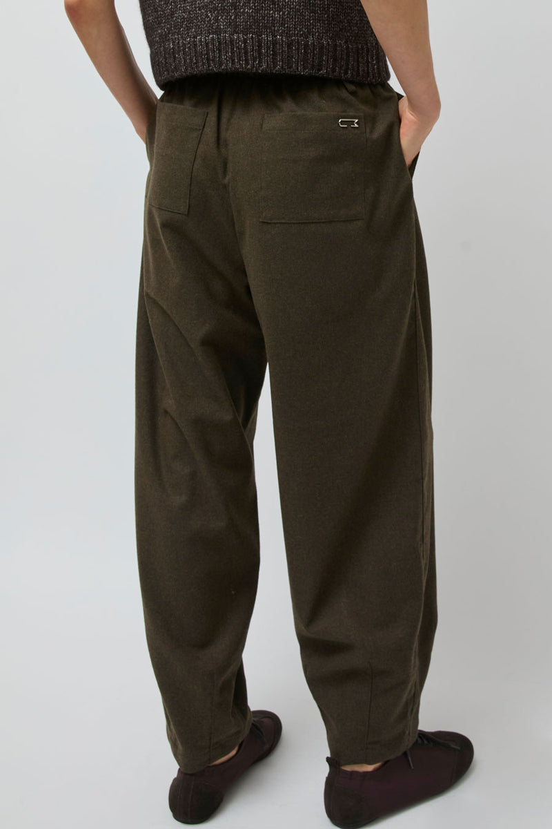 UMARMUNG Wool Flannel Oval Silhouette Pants in Dark Olive