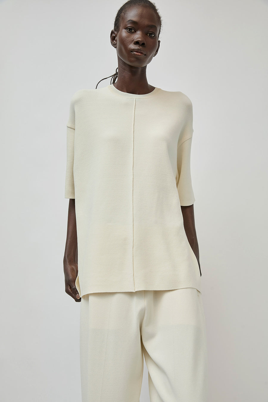 UMARMUNG Double Faced Crew Neck Pullover in Ivory