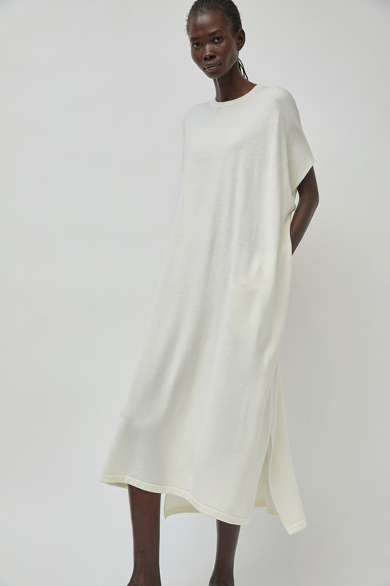 UMARMUNG Ultra Fine Merino Wool Drawstring Waist Dress in Ivory
