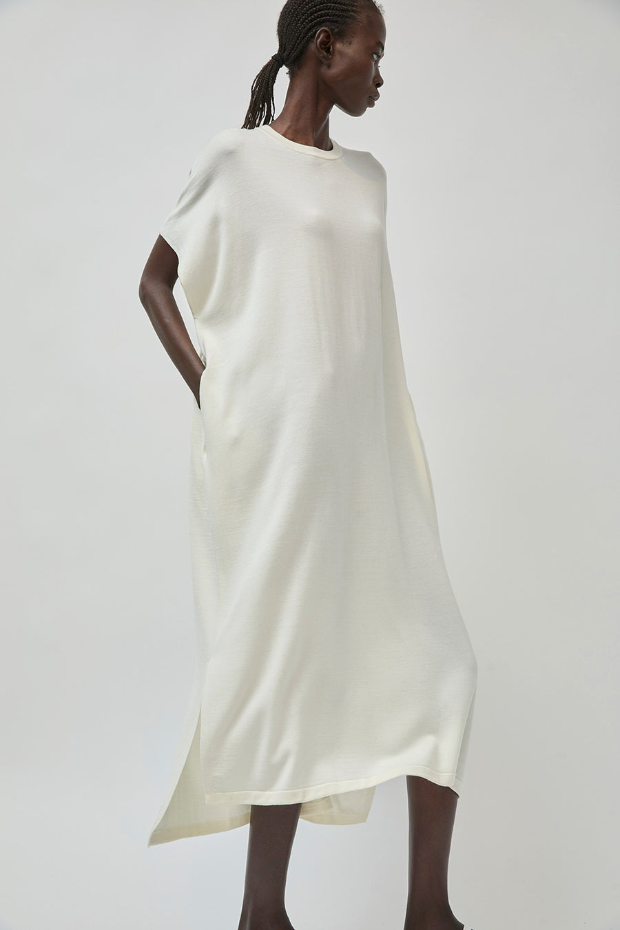 UMARMUNG Ultra Fine Merino Wool Drawstring Waist Dress in Ivory