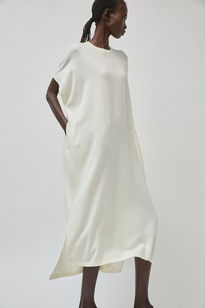 UMARMUNG Ultra Fine Merino Wool Drawstring Waist Dress in Ivory