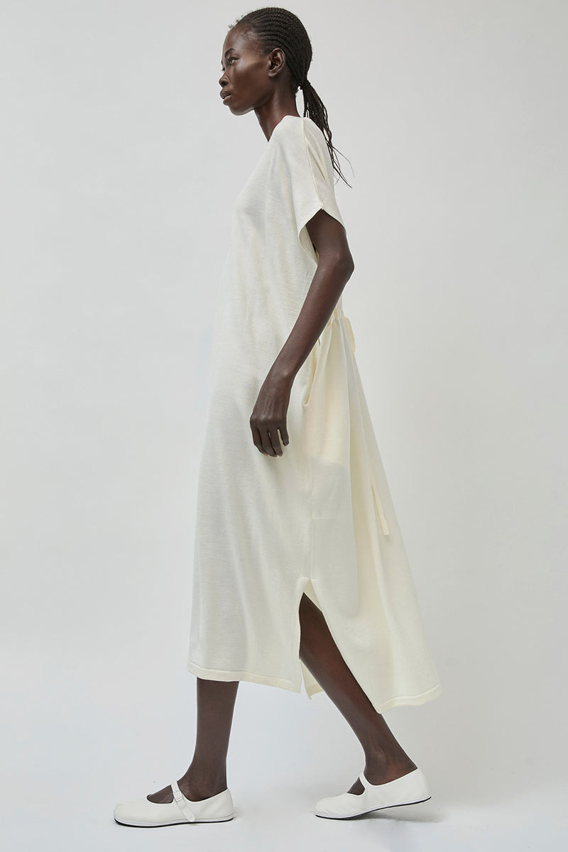 UMARMUNG Ultra Fine Merino Wool Drawstring Waist Dress in Ivory
