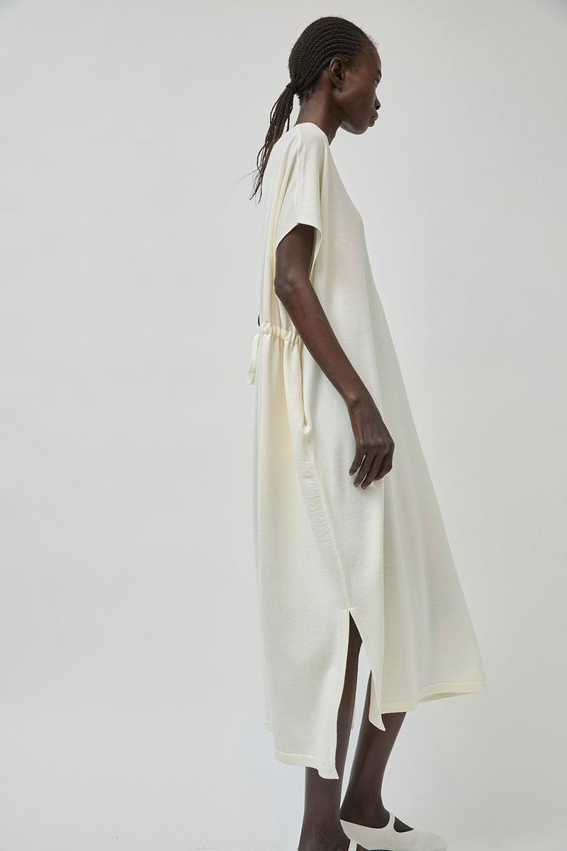 UMARMUNG Ultra Fine Merino Wool Drawstring Waist Dress in Ivory