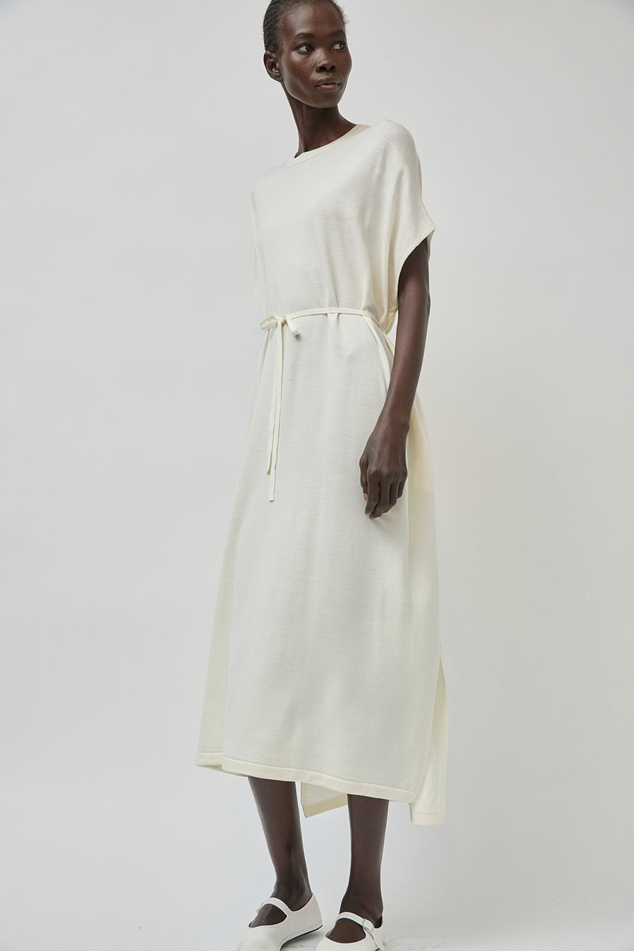 UMARMUNG Ultra Fine Merino Wool Drawstring Waist Dress in Ivory