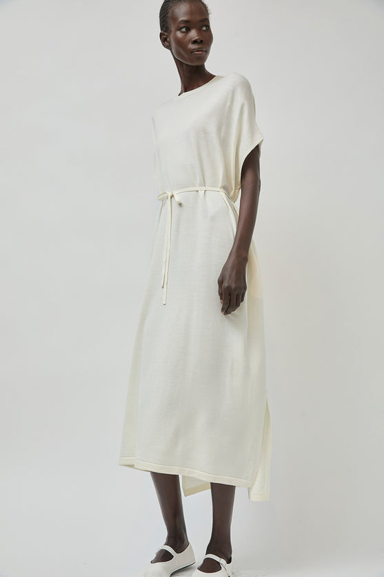 UMARMUNG Ultra Fine Merino Wool Drawstring Waist Dress in Ivory Ivory / 36