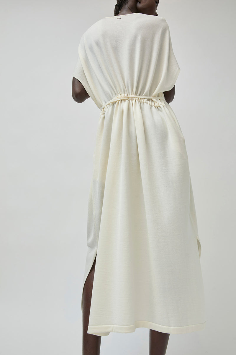 UMARMUNG Ultra Fine Merino Wool Drawstring Waist Dress in Ivory