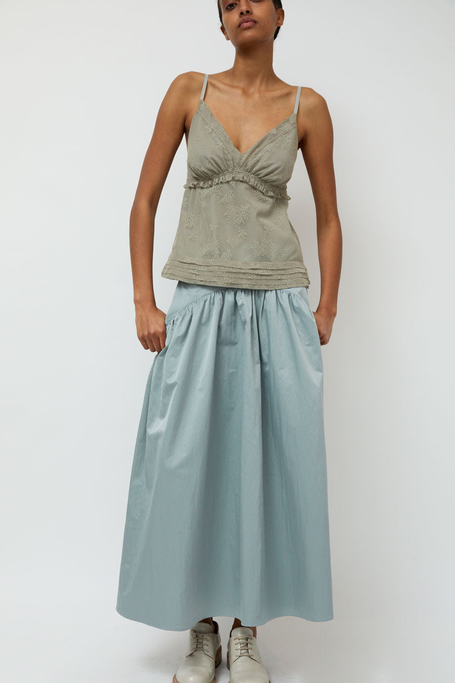 Wanze Long Gathered Skirt in Silver Blue