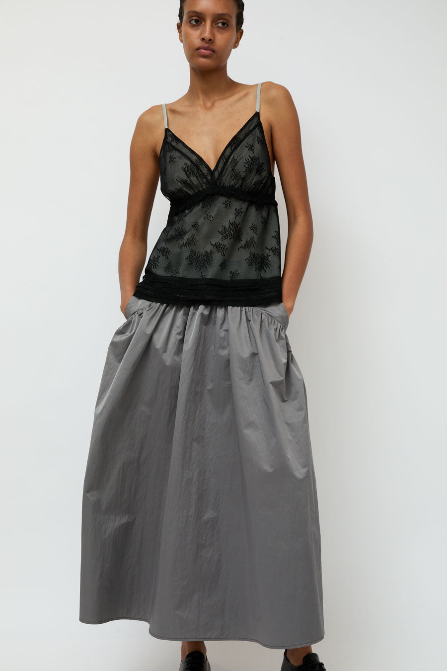 Wanze Long Gathered Skirt in Steel Grey