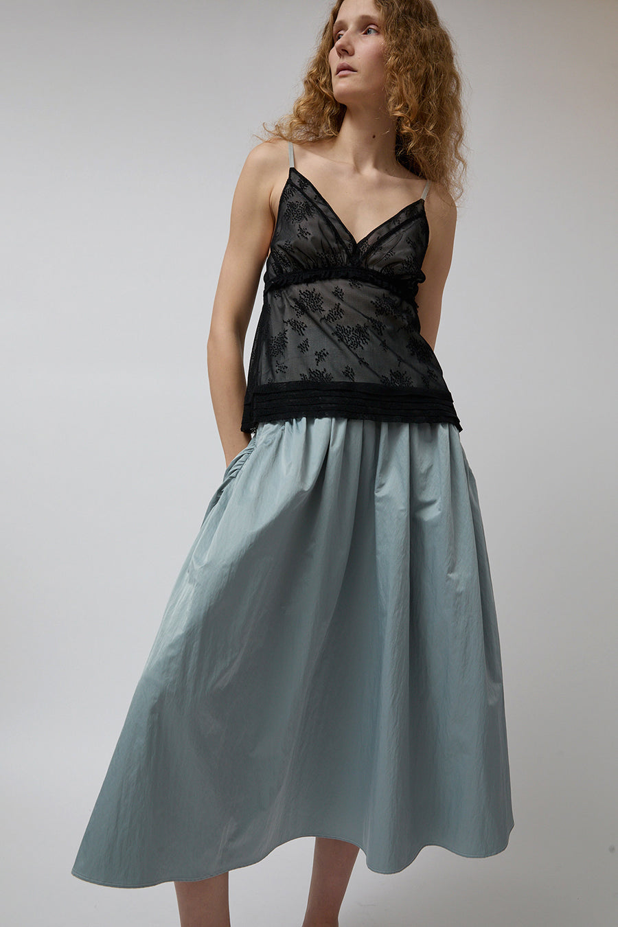 Wanze Long Gathered Skirt in Silver Blue