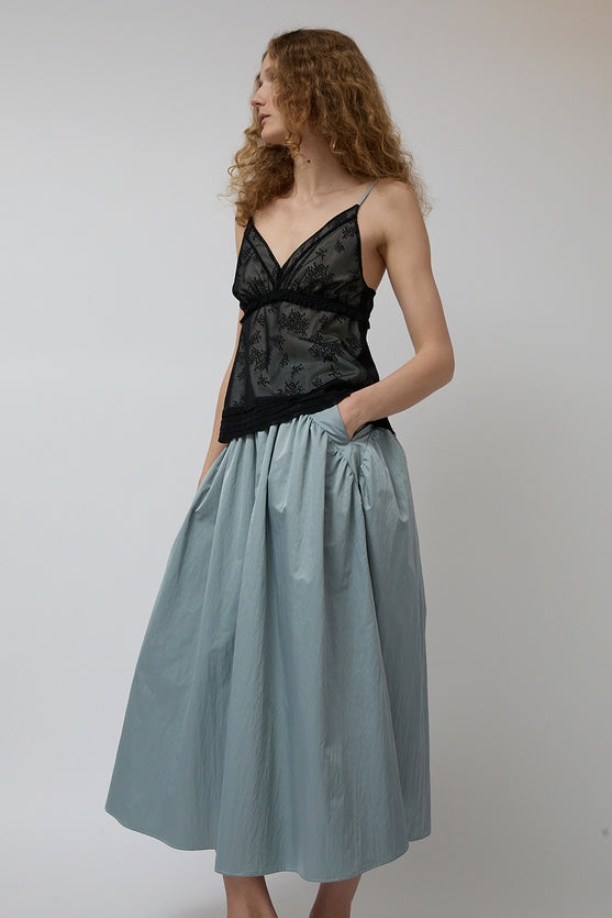 Wanze Long Gathered Skirt in Silver Blue