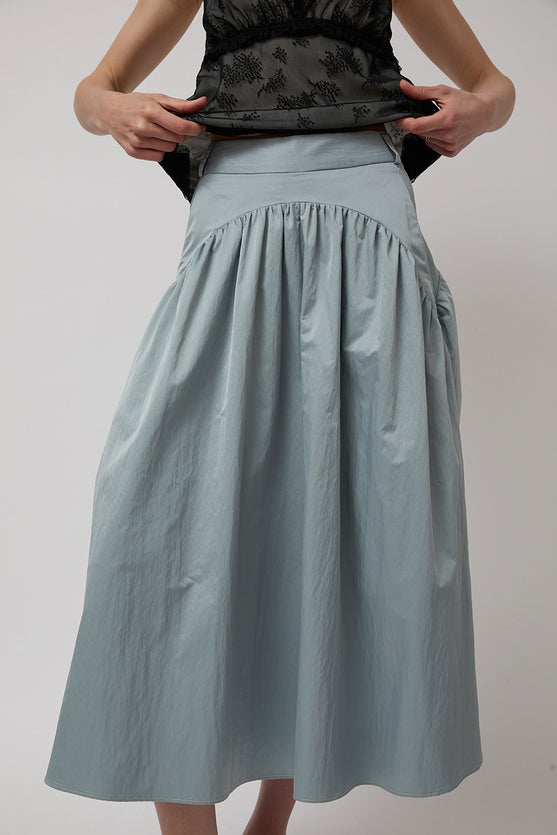 Wanze Long Gathered Skirt in Silver Blue