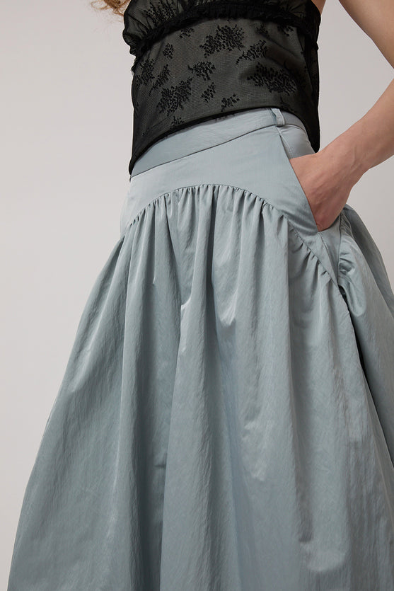 Wanze Long Gathered Skirt in Silver Blue