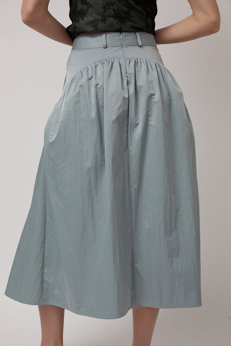 Wanze Long Gathered Skirt in Silver Blue