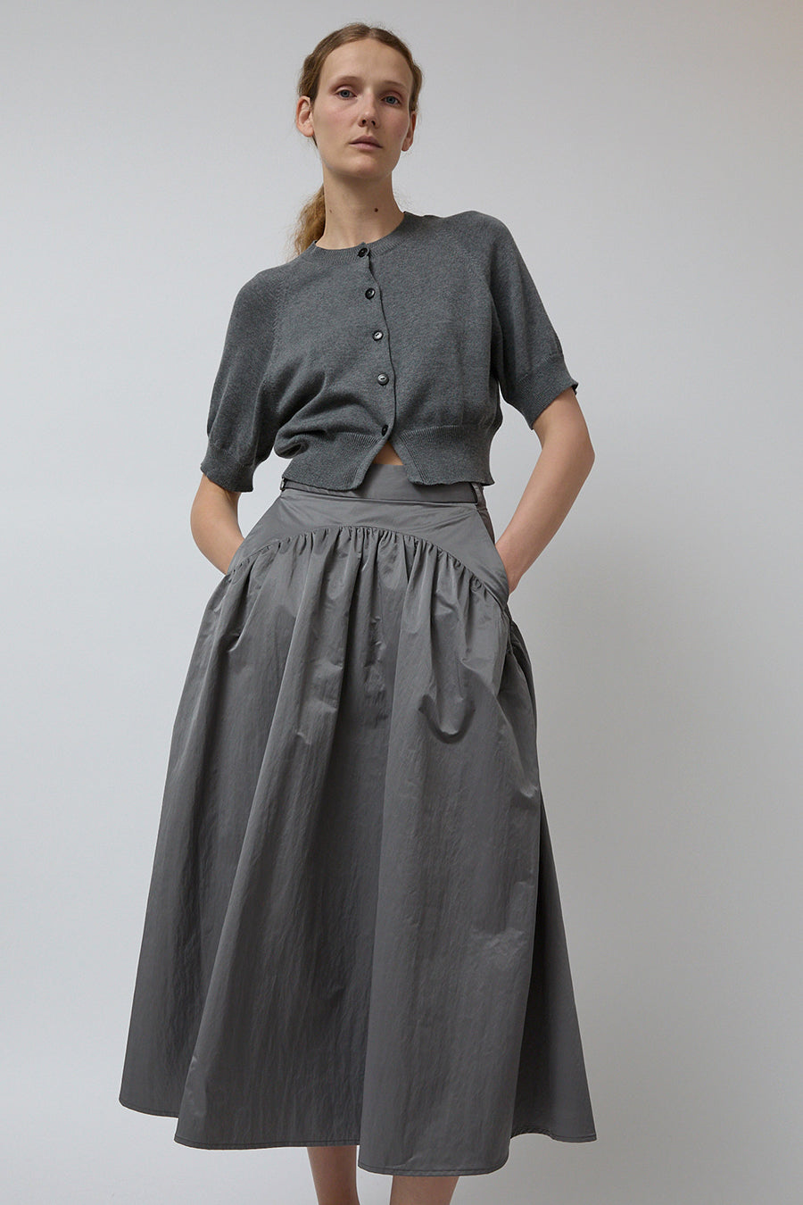 Wanze Long Gathered Skirt in Steel Grey