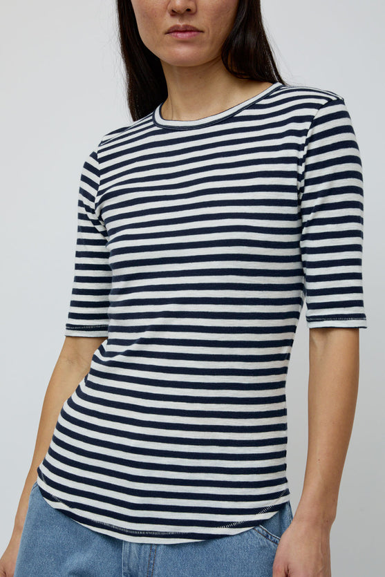 YMC Charlotte Short Sleeve Top in Navy and White