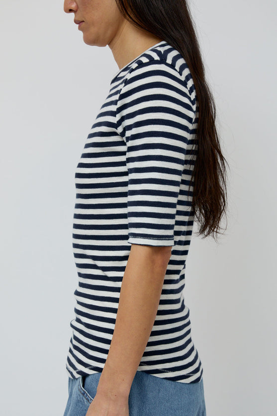 YMC Charlotte Short Sleeve Top in Navy and White