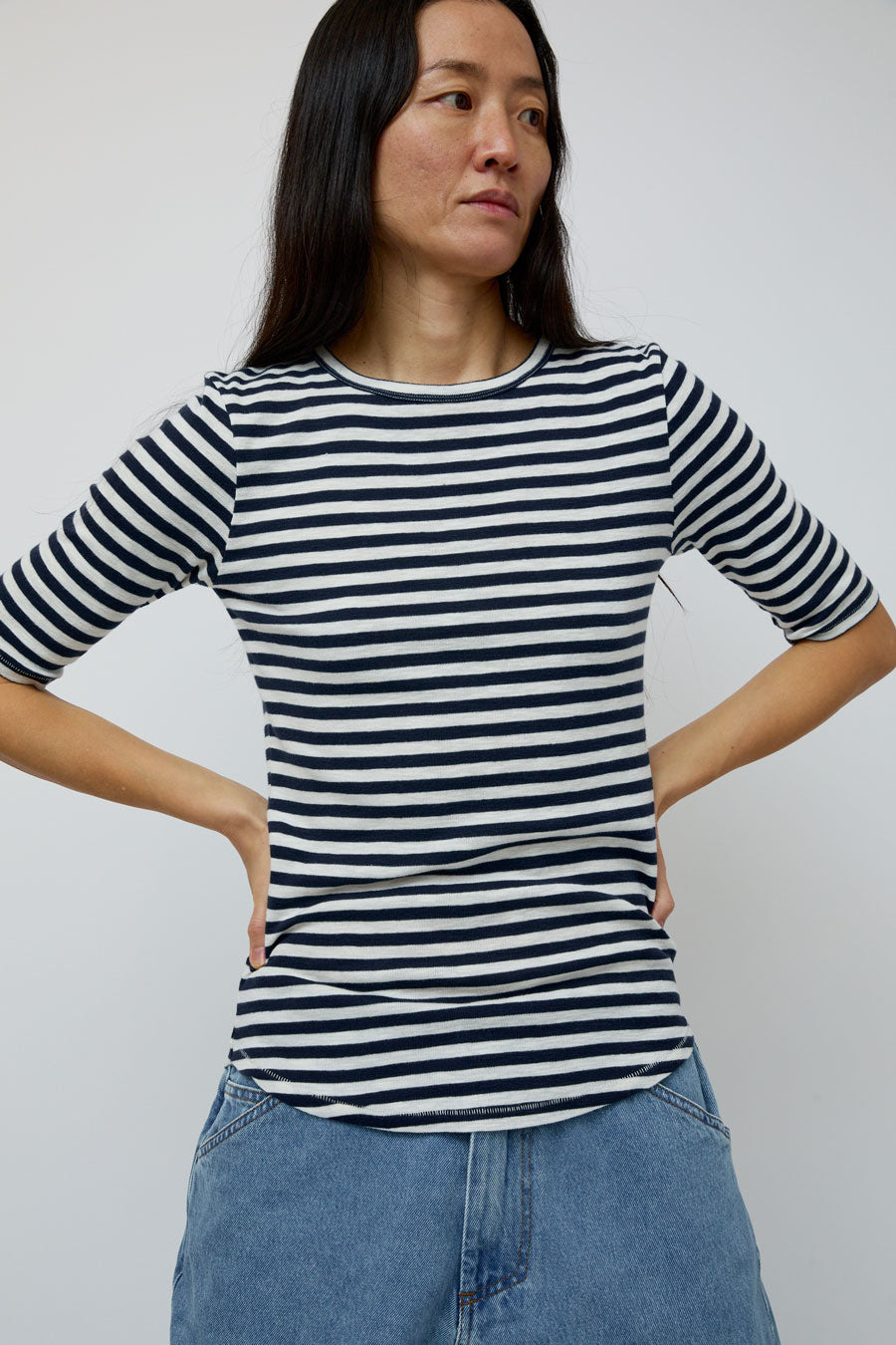 YMC Charlotte Short Sleeve Top in Navy and White