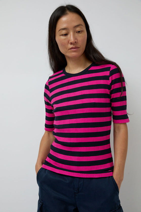 YMC Charlotte Short Sleeve Top in Pink and Navy