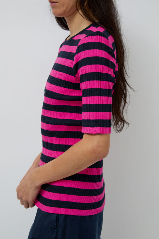 YMC Charlotte Short Sleeve Top in Pink and Navy