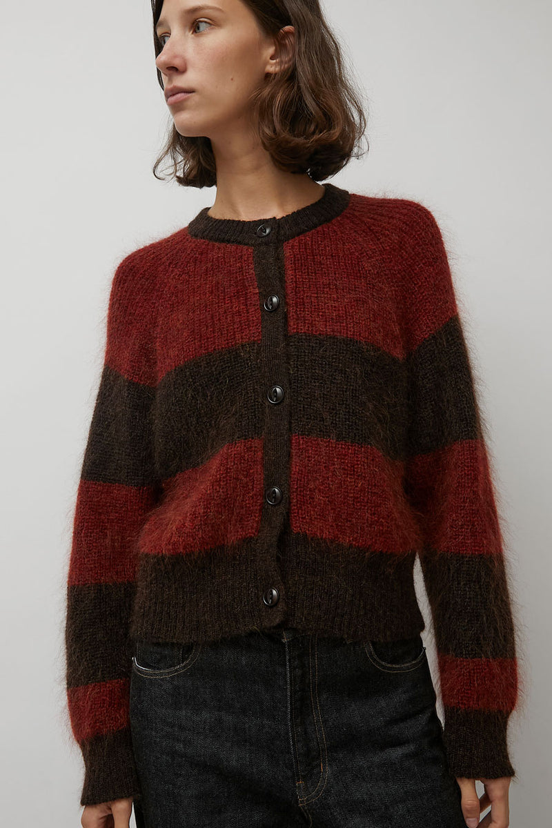 YMC Foxtail Stripe Cardigan in Red Brown