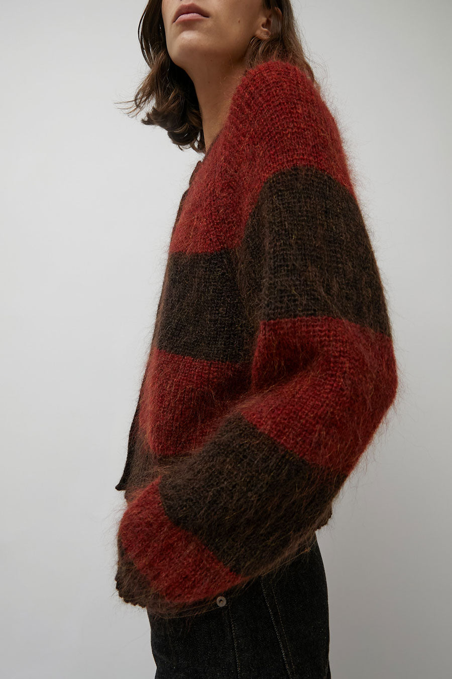 YMC Foxtail Stripe Cardigan in Red Brown