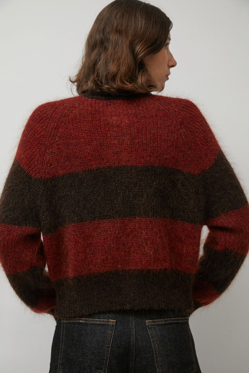 YMC Foxtail Stripe Cardigan in Red Brown