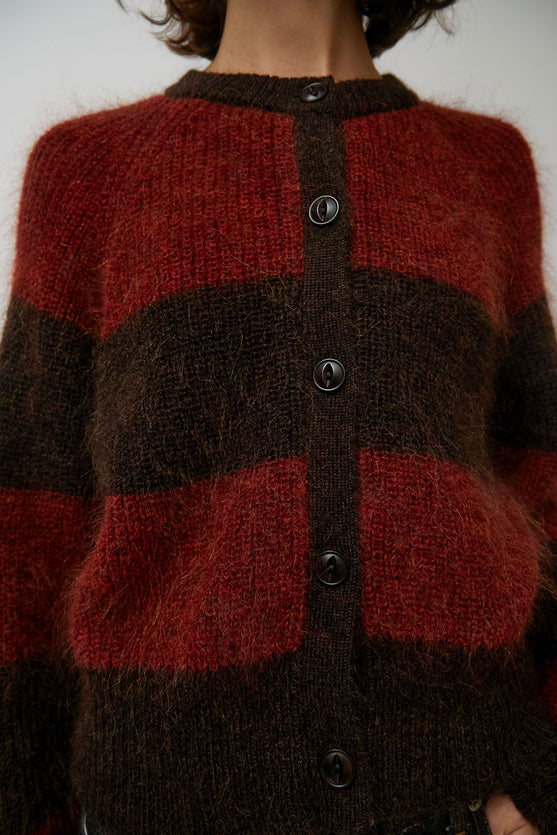 YMC Foxtail Stripe Cardigan in Red Brown