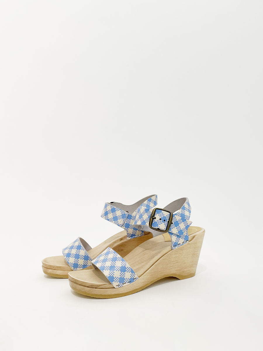 No.6 Two Strap Clog on Wedge in Blue Gingham