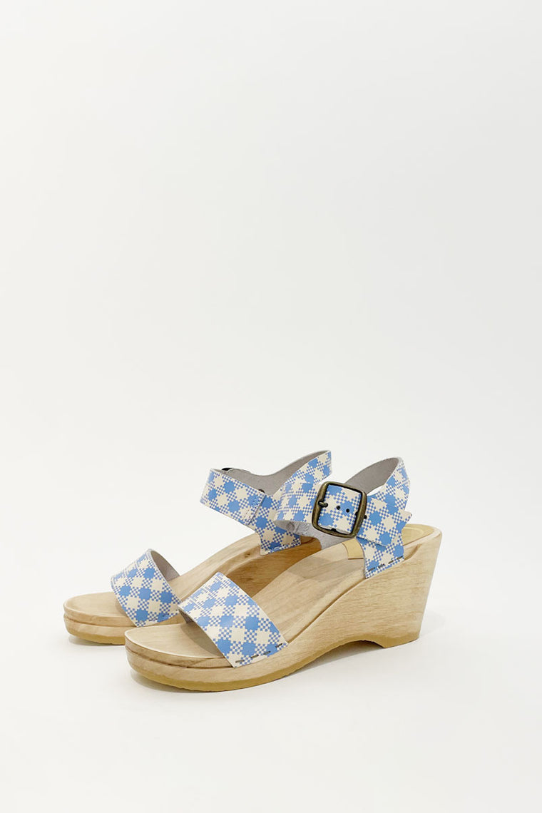 No.6 Two Strap Clog on Wedge in Blue Gingham