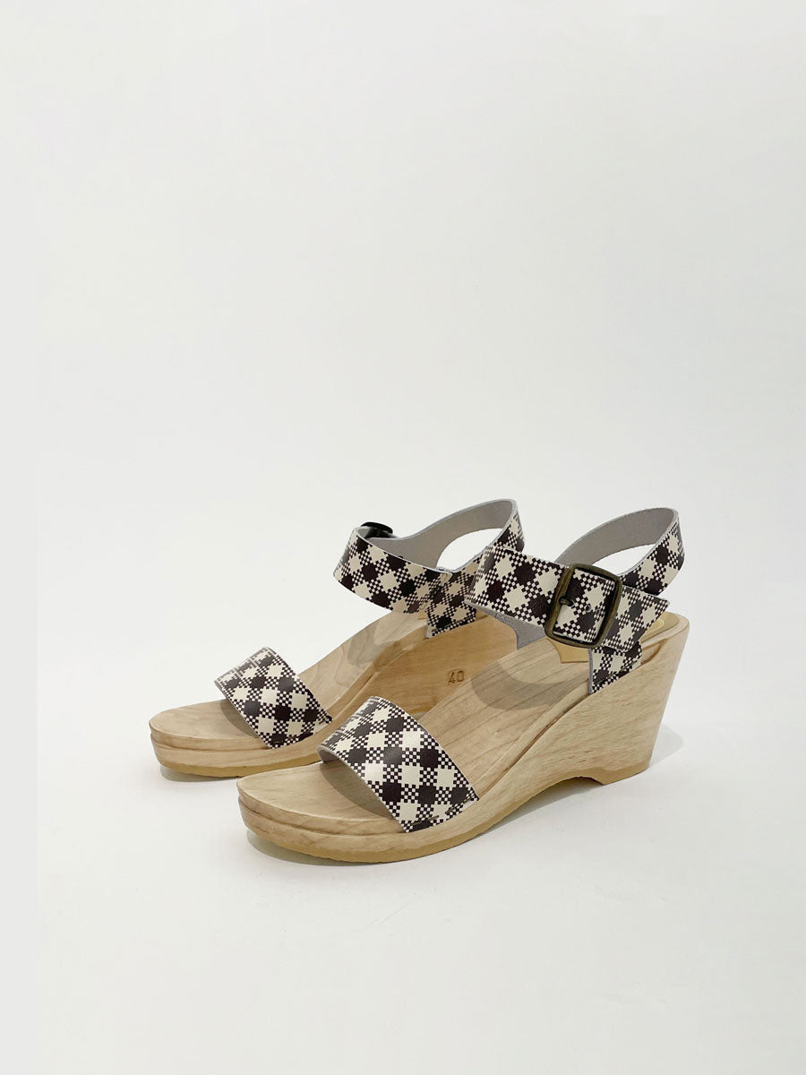 No.6 Two Strap Clog on Wedge in Chocolate Gingham