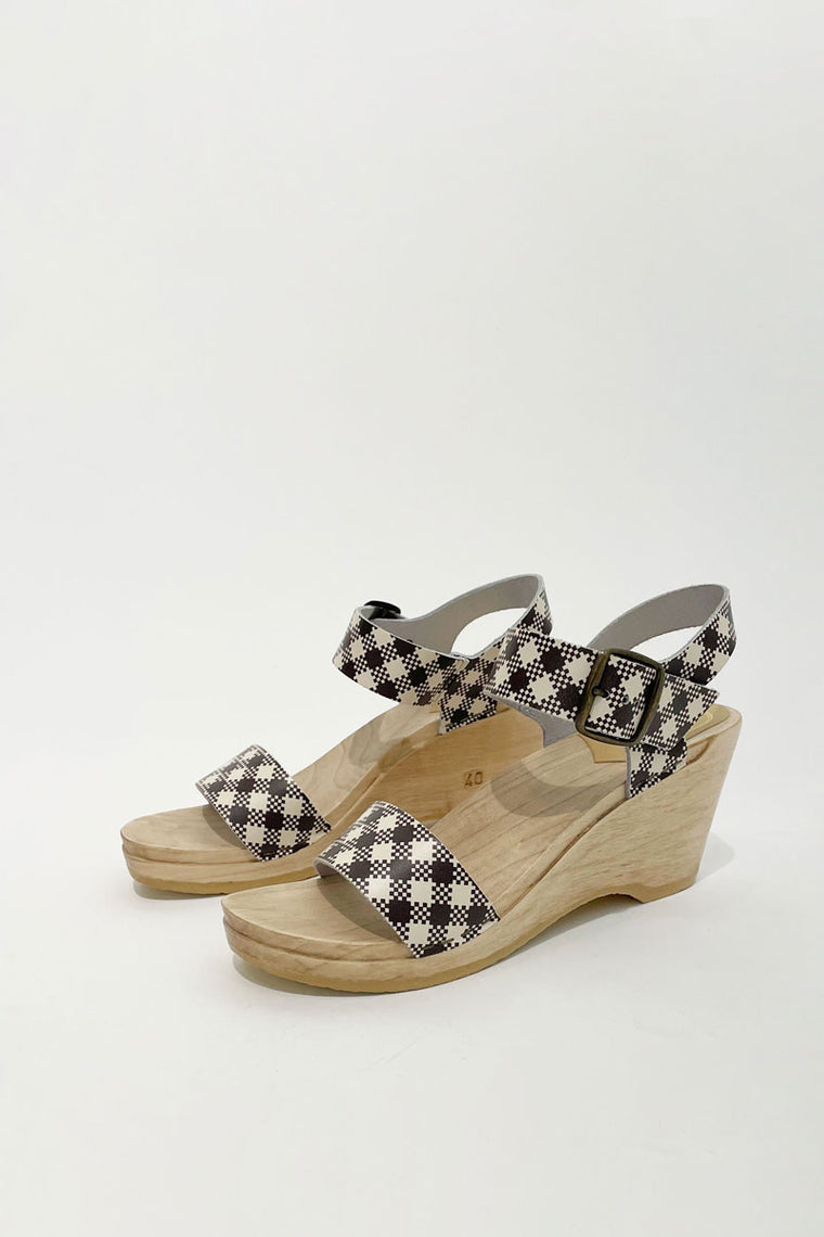 No.6 Two Strap Clog on Wedge in Chocolate Gingham