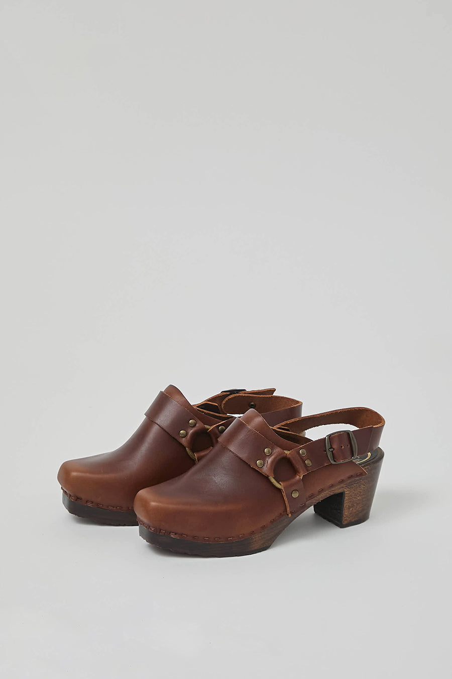 No.6 Arlo Clog on Square Toe Mid Heel in Chestnut on Cocoa Base