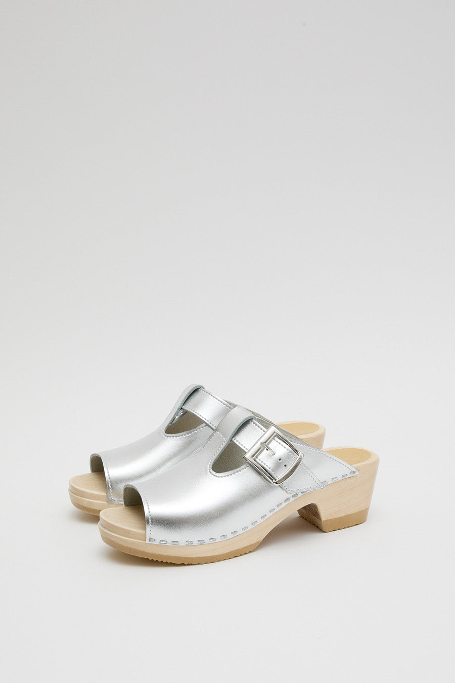 No.6 T Strap Clog on Mid Heel in Silver
