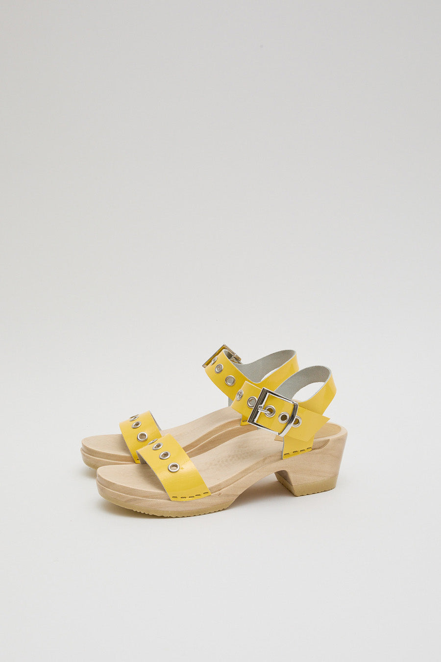 No.6 Two Strap Clog on Mid Heel in Yellow Patent with Eyelets