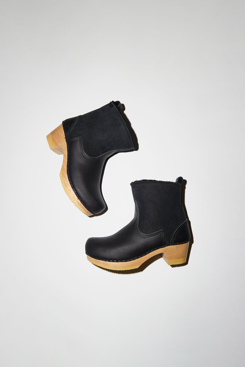No.6 5" Pull on Shearling Clog Boot on Mid Heel in Black SuedeNo.6 5" Pull on Shearling Clog Boot on Mid Heel in Black Suede