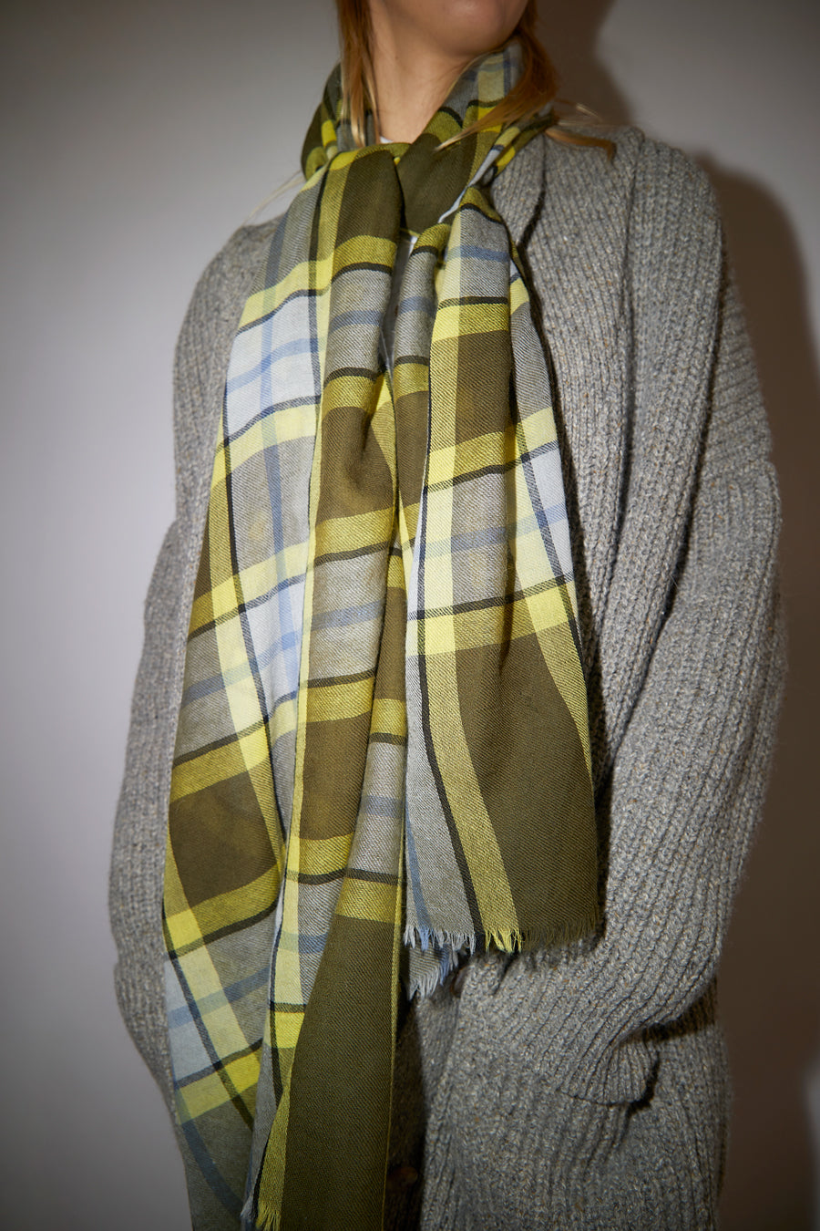Glen Prince Long Featherweight Wool Scarf in Coffee Yellow Plaid