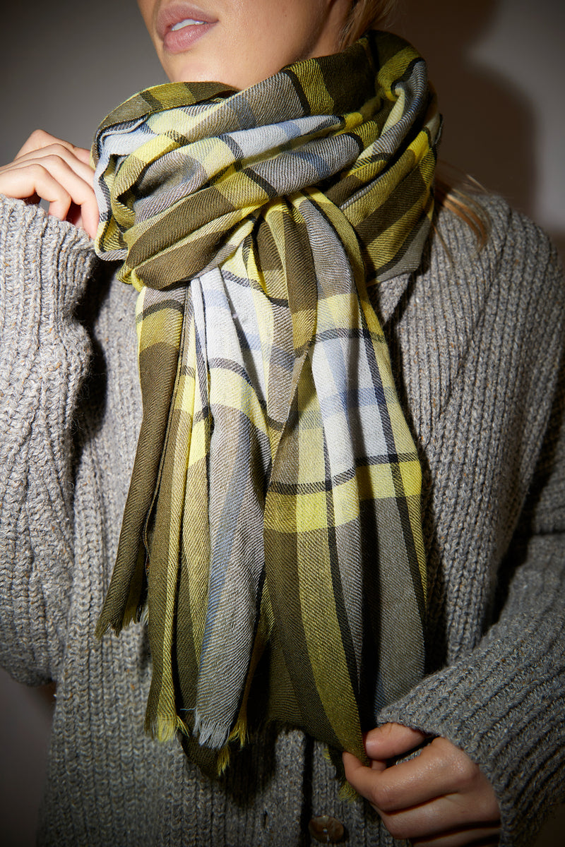 Glen Prince Long Featherweight Wool Scarf in Coffee Yellow Plaid