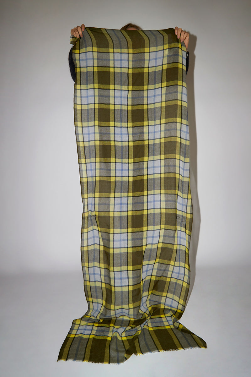 Glen Prince Long Featherweight Wool Scarf in Coffee Yellow Plaid