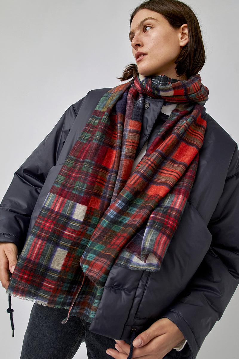 Glen Prince Long Featherweight Wool Scarf in Red Mix Plaid