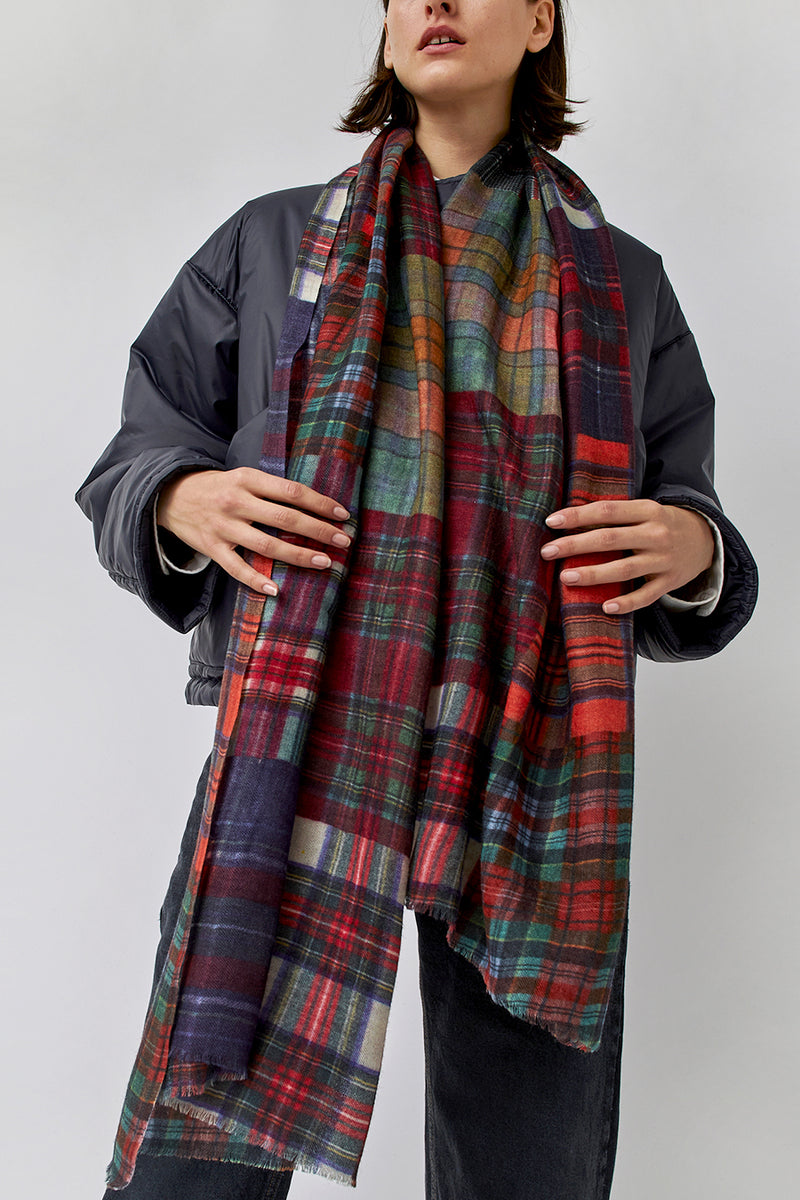 Glen Prince Long Featherweight Wool Scarf in Red Mix Plaid