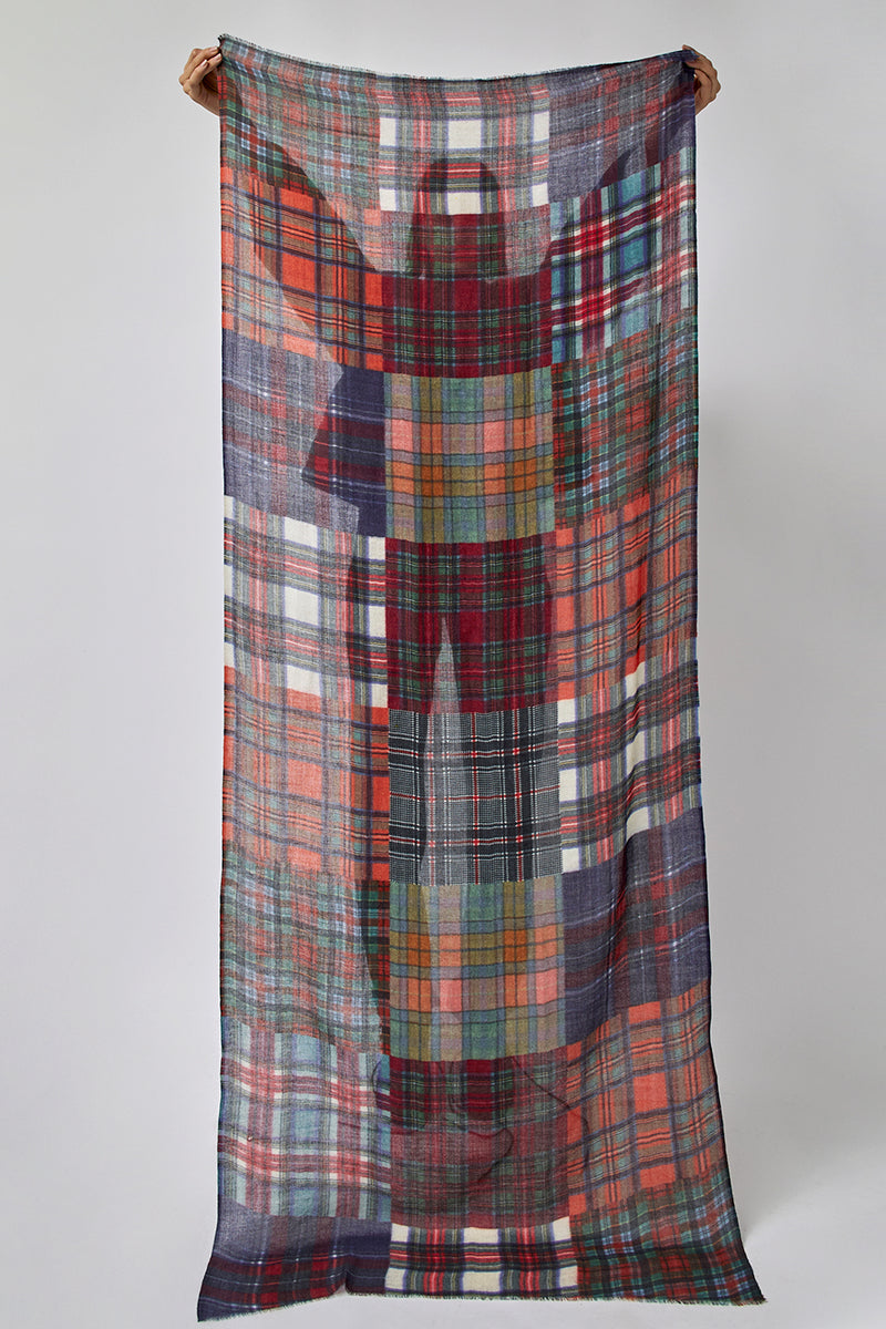 Glen Prince Long Featherweight Wool Scarf in Red Mix Plaid