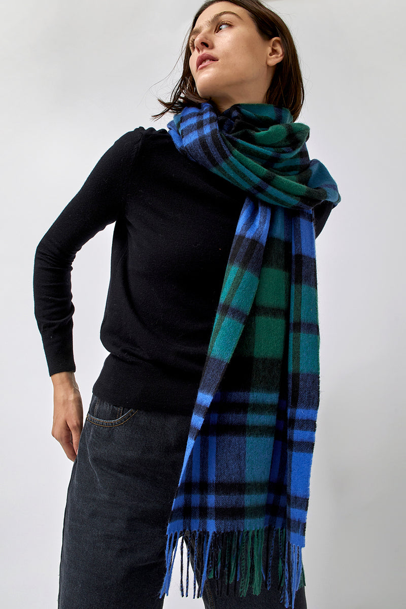 Glen Prince Long Wool Scarf in Blue Green Plaid