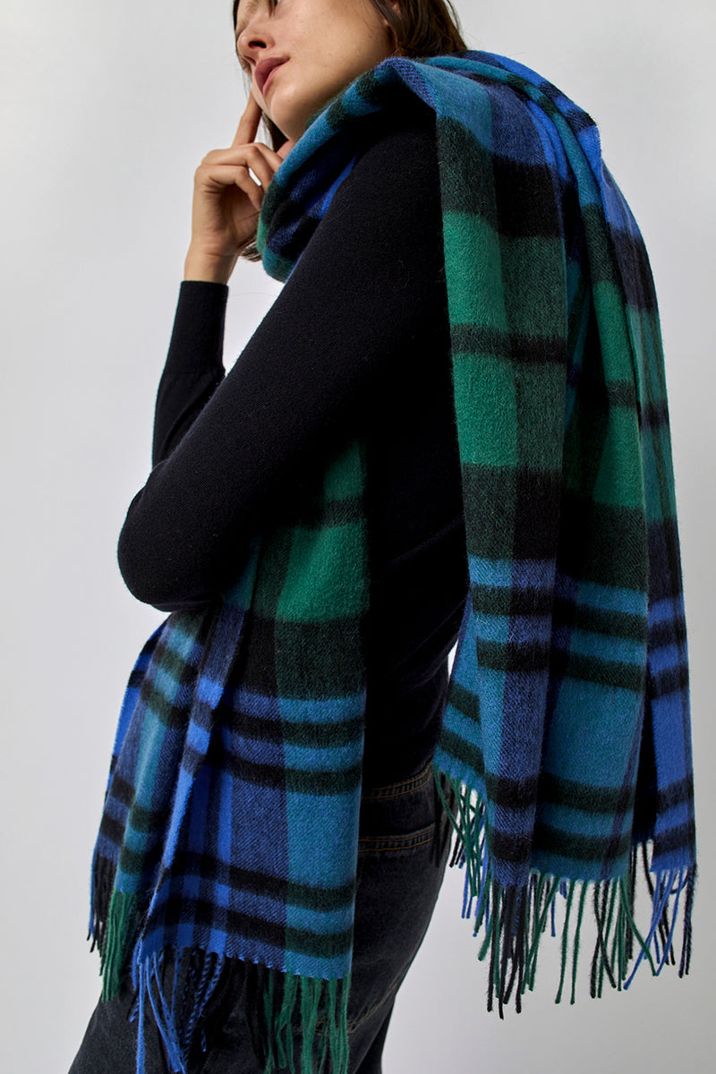 Glen Prince Long Wool Scarf in Blue Green Plaid