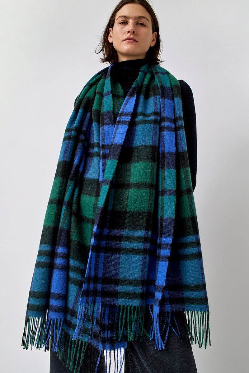 Glen Prince Long Wool Scarf in Blue Green Plaid