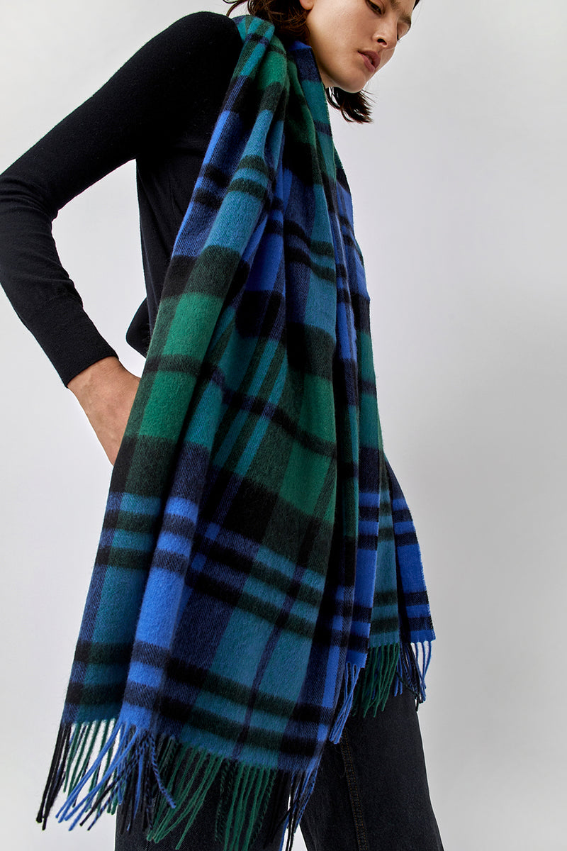 Glen Prince Long Wool Scarf in Blue Green Plaid