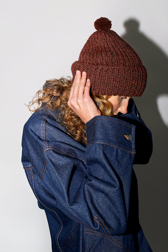 Karakoram Fold Up Long Pom Pom Beanie in Dark Brown