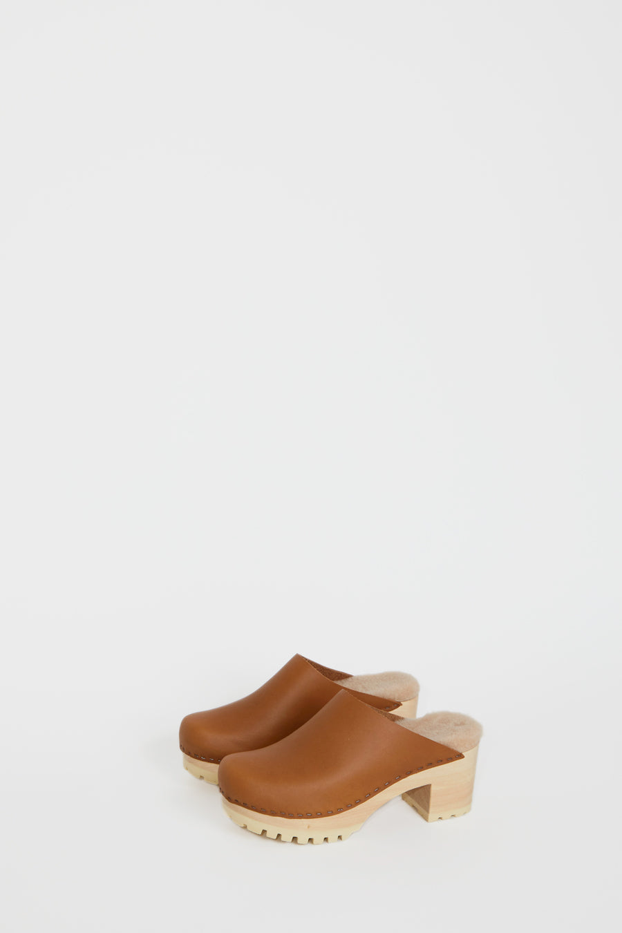 No.6 Liza Clog on Mid Tread in Palomino with Bone Shearling on White Base