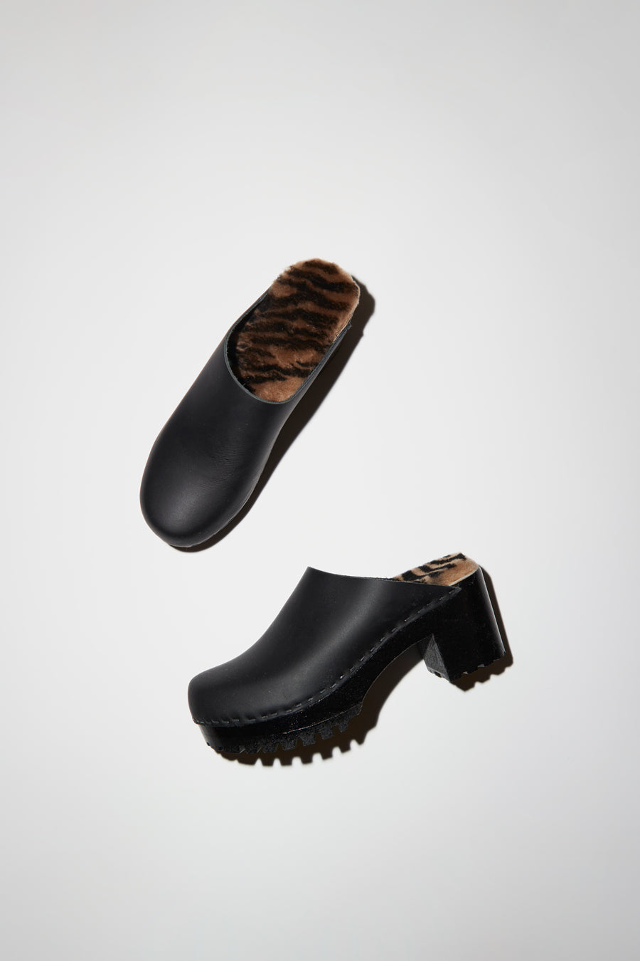 No.6 Liza Clog on Mid Tread in Black with Zebra Shearling on Black Base