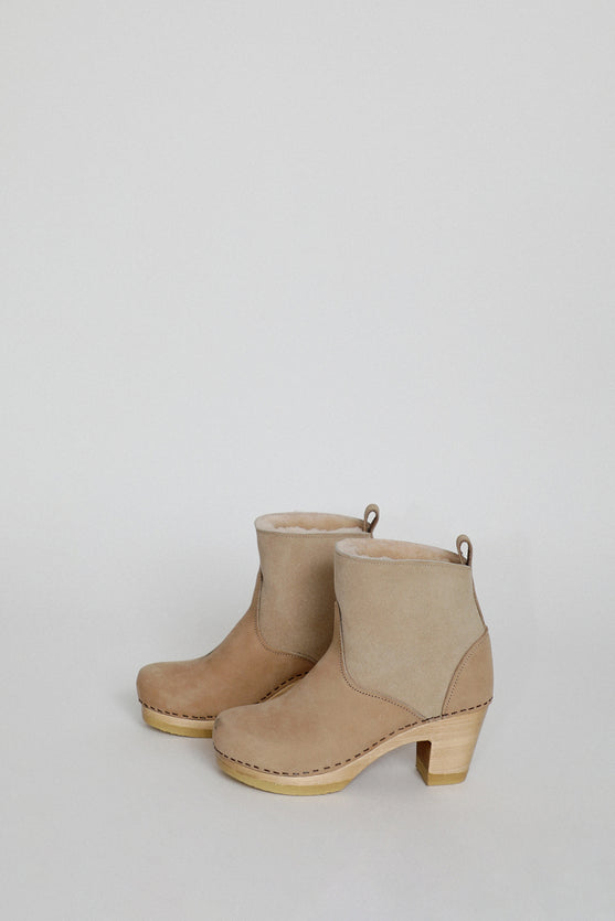 No.6 5" Pull On Shearling Boot on High Heel in Bone Suede